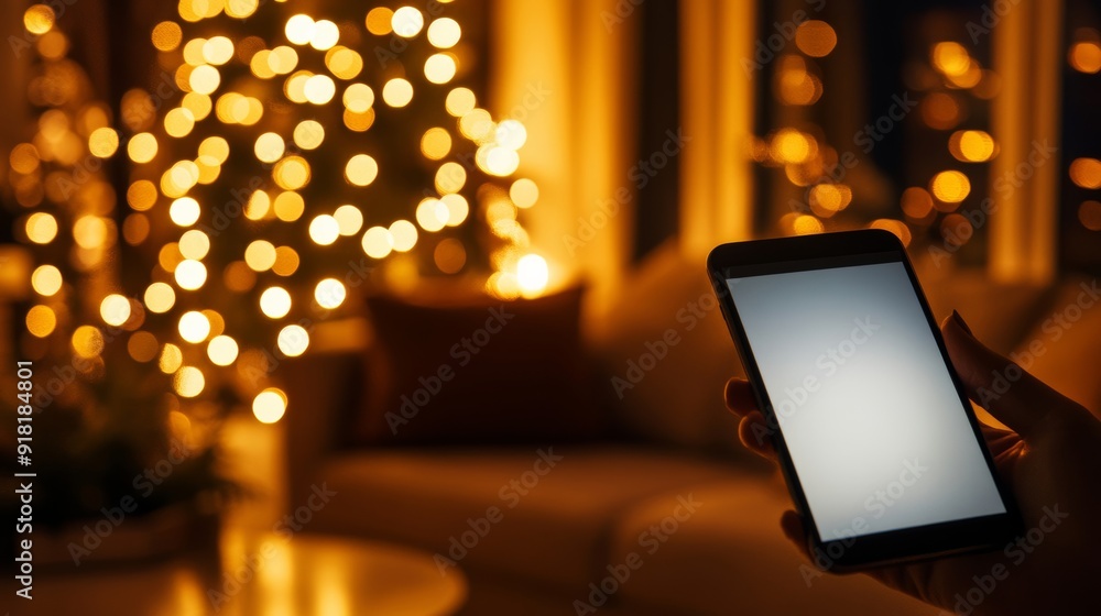 Person on a smartphone scrolling through Black Friday offers, cozy living room with holiday lights in the background Person on a smartphone scrolling through Black Friday offers, cozy living room with holiday lights in the background