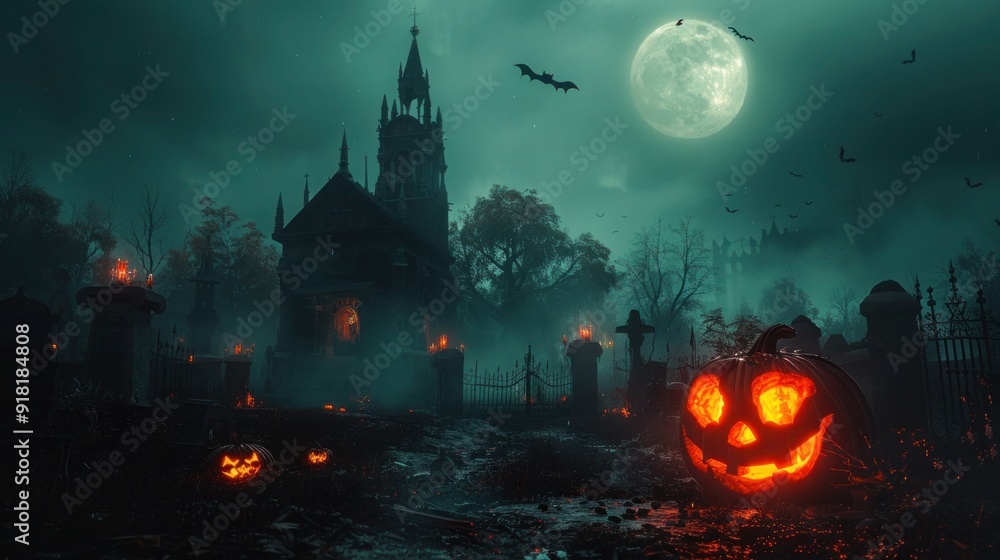 Spooky Halloween Night: Pumpkin Zombie Rises from Graveyard with Full Moon, Bats, Cemetery, Church - Scary Banner Background Spooky Halloween Night: Pumpkin Zombie Rises from Graveyard with Full Moon, Bats, Cemetery, Church - Scary Banner Background