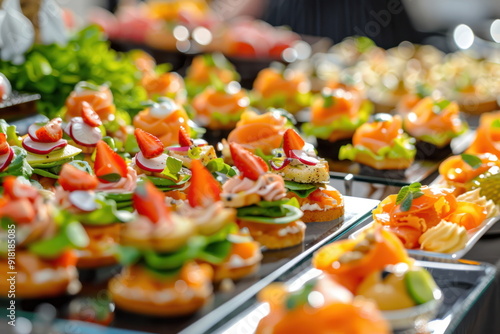 Buffet food catering food party at restaurant mini canapes snacks and appetizers photo