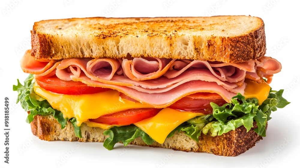 Gourmet sandwich, white tabletop, toasted bread, layers of ham, cheese, tomato, lettuce, fresh herbs garnish, cross-section view, melted cheese, vibrant colors, food styling. Gourmet sandwich, white tabletop, toasted bread, layers of ham, cheese, tomato, lettuce, fresh herbs garnish, cross-section view, melted cheese, vibrant colors, food styling.