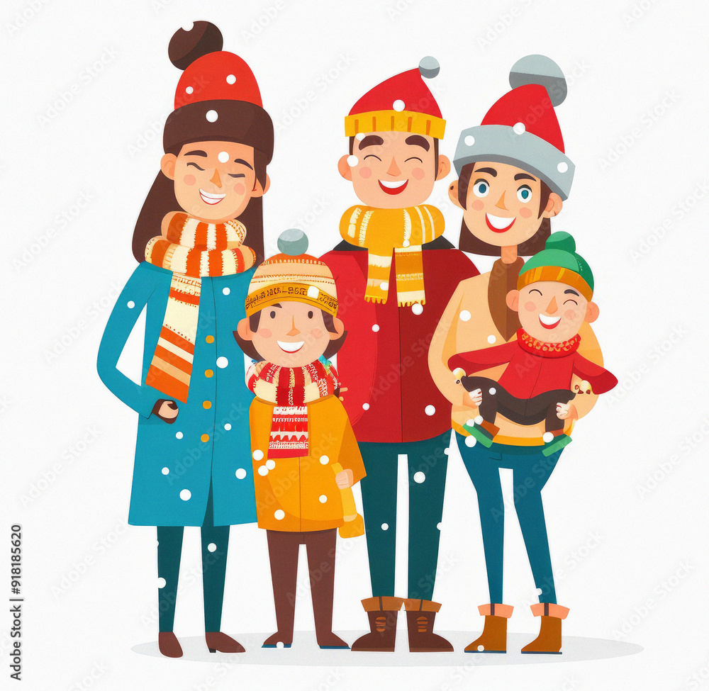 Christmas family of four is posing for a picture in the snow. The father is holding a baby. The children are smiling and seem to be enjoying the winter weather Christmas family of four is posing for a picture in the snow. The father is holding a baby. The children are smiling and seem to be enjoying the winter weather