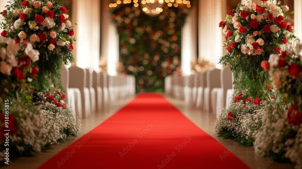 Red carpet leading into a grand venue, decorated with flowers and lights, anticipation of a prestigious event, elegant and luxurious atmosphere Red carpet leading into a grand venue, decorated with flowers and lights, anticipation of a prestigious event, elegant and luxurious atmosphere