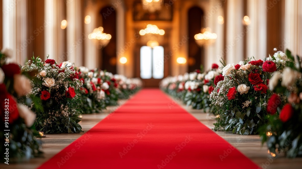 Red carpet leading into a grand venue, decorated with flowers and lights, anticipation of a prestigious event, elegant and luxurious atmosphere Red carpet leading into a grand venue, decorated with flowers and lights, anticipation of a prestigious event, elegant and luxurious atmosphere
