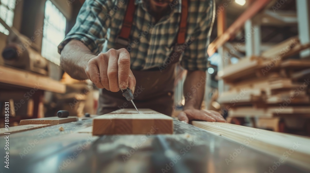 man owner a small furniture business is preparing wood for production. carpenter male is adjust wood to the desired size. architect, designer, Built-in, professional wood, craftsman, workshop. man owner a small furniture business is preparing wood for production. carpenter male is adjust wood to the desired size. architect, designer, Built-in, professional wood, craftsman, workshop.