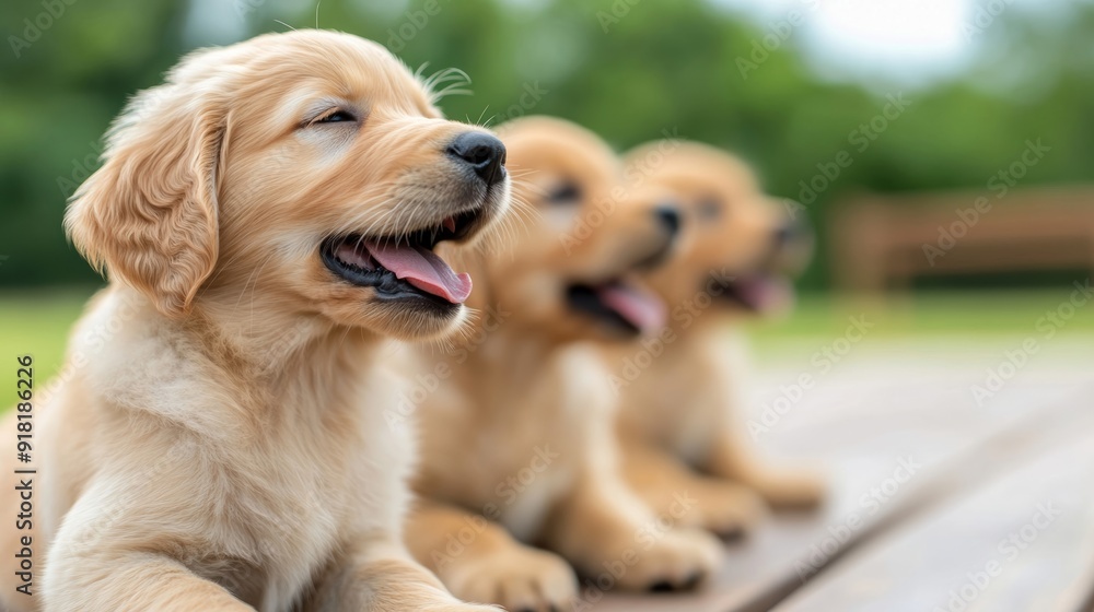 Row of golden retriever puppies, one yawning, others looking curious, on a wooden deck with green garden in the background Row of golden retriever puppies, one yawning, others looking curious, on a wooden deck with green garden in the background