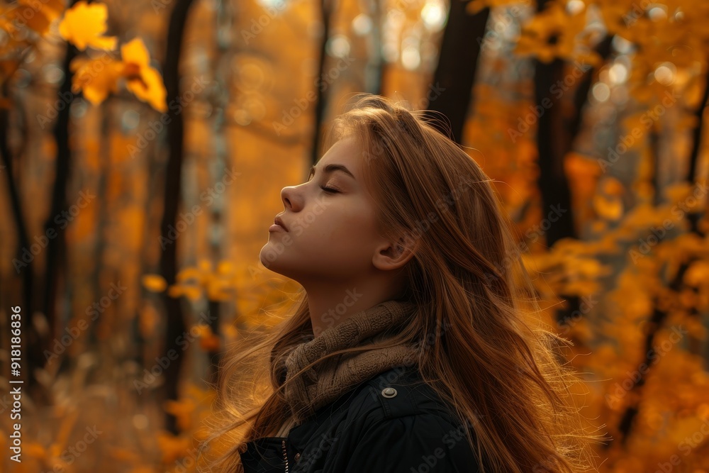 closeup beautiful girl with closed eyes breathes fresh air in orange autumn forest closeup beautiful girl with closed eyes breathes fresh air in orange autumn forest