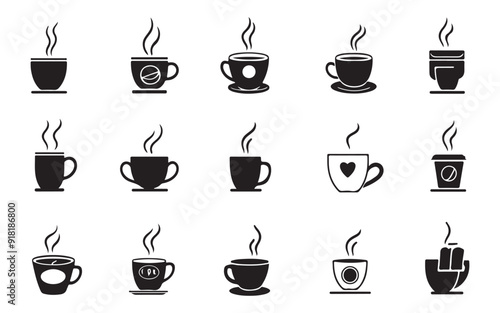 coffee cup icons set , hand drawn silhouette hot coffee cup and tea isolated vector on white background 