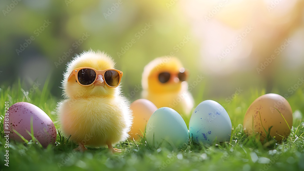 yellow chick wearing glasses and around it are colorful eggs very cute yellow chick wearing glasses and around it are colorful eggs very cute
