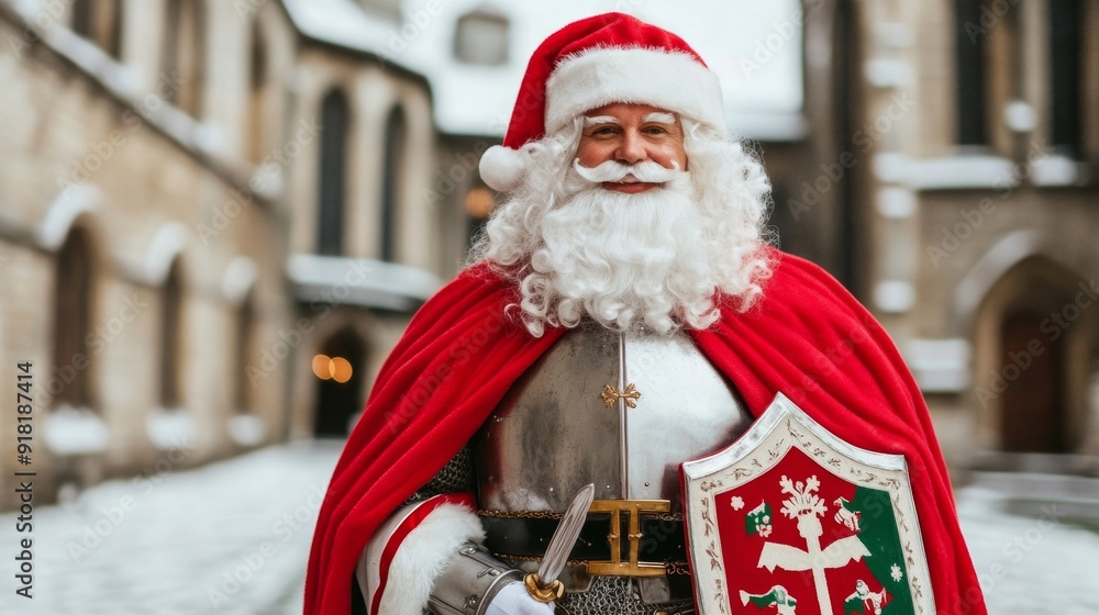 Santa Claus in a medieval knight armor, holding a sword and shield with Christmas motifs, standing in a snowy castle courtyard Santa Claus in a medieval knight armor, holding a sword and shield with Christmas motifs, standing in a snowy castle courtyard