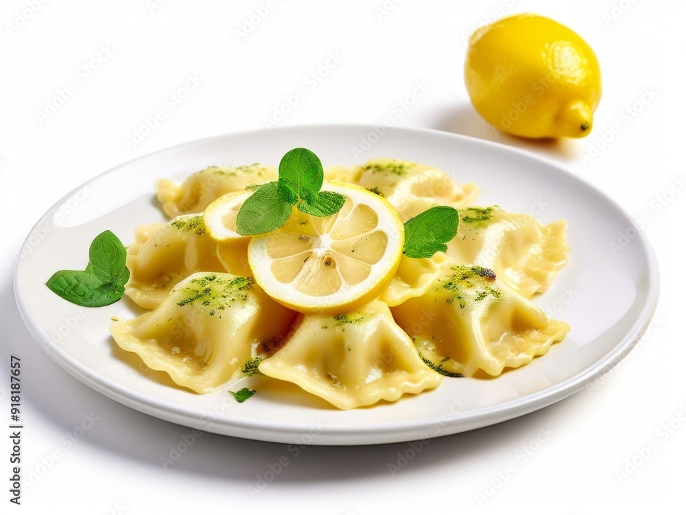 Photo of ravioli on a plate with slices of lemon on top on a white background. AI generated. Photo of ravioli on a plate with slices of lemon on top on a white background. AI generated.