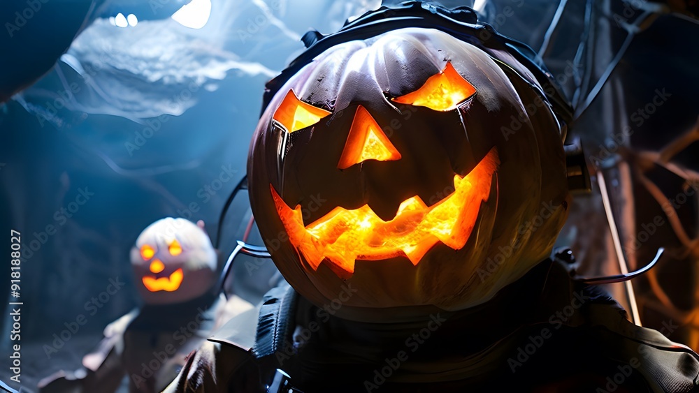 Fototapeta premium A steampunk-inspired haunted house with gears and pipes, approached by trick-or-treaters in Victorian costumes with goggles. A witch in a top hat holds a wrench near a glowing, steam-powered jack-o'-l