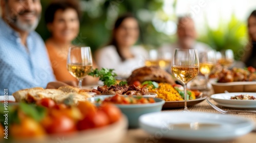 Spanish family enjoying a meal together  large table filled with traditional dishes  lively conversation  warm and inviting setting 