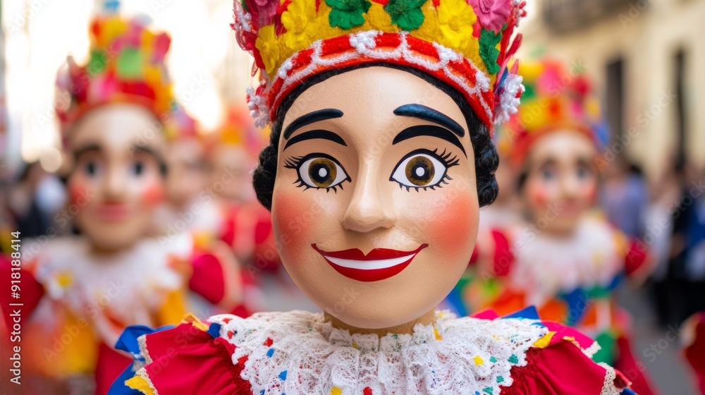 Φωτογραφία Spanish festival parade with giant puppets and dancers in traditional costumes,