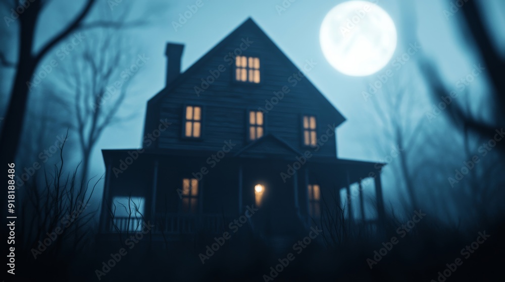 Spooky haunted house with broken windows, overgrown vines, and a creaky front porch, eerie full moon in the background, dark and foggy atmosphere Spooky haunted house with broken windows, overgrown vines, and a creaky front porch, eerie full moon in the background, dark and foggy atmosphere
