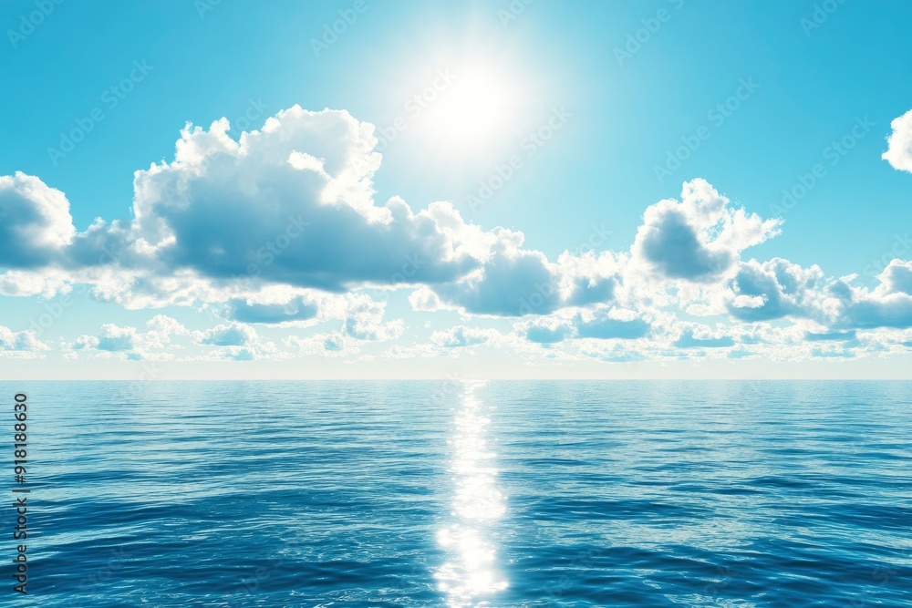 Obraz premium Panorama of clear sky background for summer vacation concept at ocean and summer sea water with sunlight of beautiful cloudy sky with generative ai
