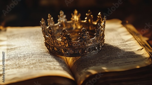 A royal crown lying on the pages of an ancient book, representing the intersection of authority and wisdom.