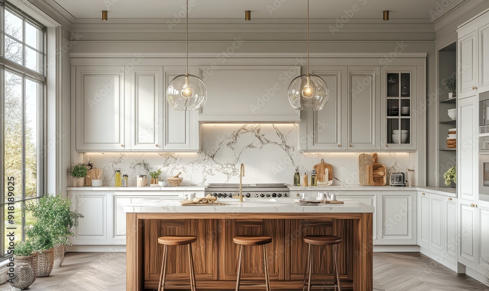 Scandinavian classic kitchen with wooden and white details, Luxury Kitchen Interior in white tone Scandinavian classic kitchen with wooden and white details, Luxury Kitchen Interior in white tone