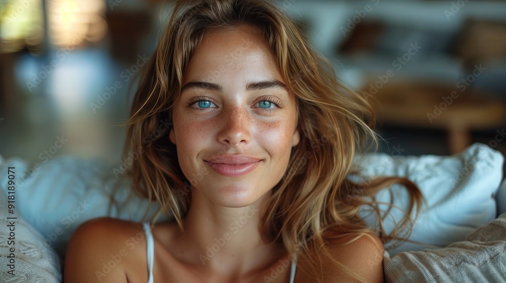 Joyful Woman Relaxing on Sofa, Enjoying Day Off in New Home: Healthy Lifestyle, Good Vibes, Happy People Concept Joyful Woman Relaxing on Sofa, Enjoying Day Off in New Home: Healthy Lifestyle, Good Vibes, Happy People Concept