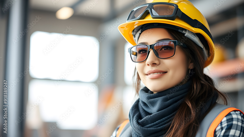 Female construction worker portrait with sunglasses. Generative AI Female construction worker portrait with sunglasses. Generative AI