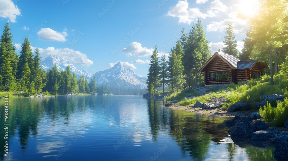 Fototapeta premium Serene lakeside cabin, bright sunny day, crystal clear water, perfect reflection, lush pine forest, vibrant green foliage, wooden log house, tranquil atmosphere, panoramic view, landscape.