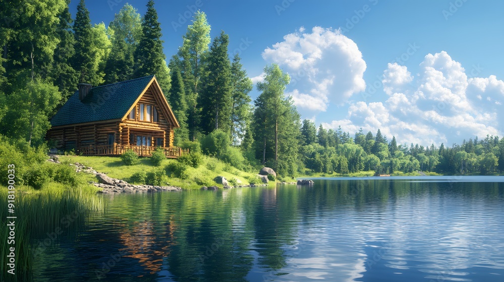 Serene lakeside cabin, bright sunny day, crystal clear water, perfect reflection, lush pine forest, vibrant green foliage, wooden log house, tranquil atmosphere, panoramic view, landscape. Serene lakeside cabin, bright sunny day, crystal clear water, perfect reflection, lush pine forest, vibrant green foliage, wooden log house, tranquil atmosphere, panoramic view, landscape.