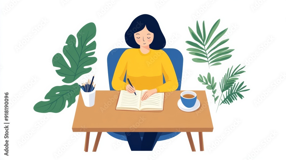 Top view of a house sitter writing in a journal at a desk with a cup of tea and a scenic window view, isolated on a white background Top view of a house sitter writing in a journal at a desk with a cup of tea and a scenic window view, isolated on a white background