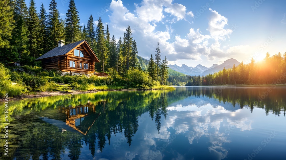 Fototapeta premium Serene lakeside cabin, bright sunny day, crystal clear water, perfect reflection, lush pine forest, vibrant green foliage, wooden log house, tranquil atmosphere, panoramic view, landscape.