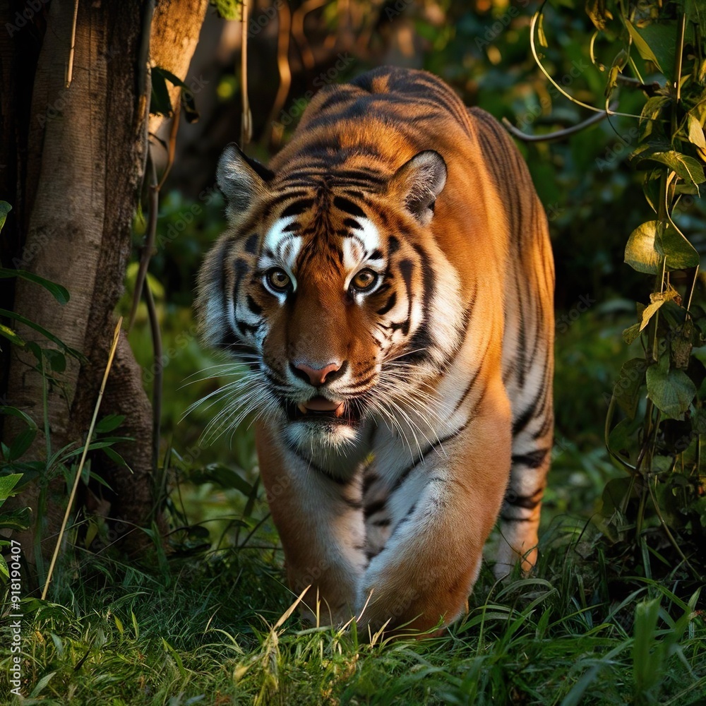 Fototapeta premium Majestic Bengal Tiger on the Prowl in Lush Jungle 