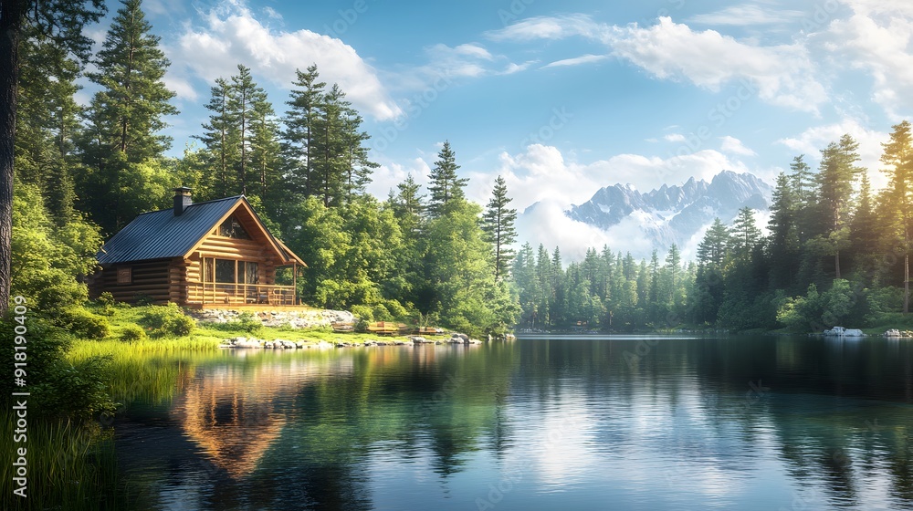 Serene lakeside cabin, bright sunny day, crystal clear water, perfect reflection, lush pine forest, vibrant green foliage, wooden log house, tranquil atmosphere, panoramic view, landscape. Serene lakeside cabin, bright sunny day, crystal clear water, perfect reflection, lush pine forest, vibrant green foliage, wooden log house, tranquil atmosphere, panoramic view, landscape.