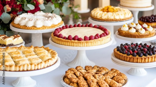 Wallpaper Mural Top view of a retro Thanksgiving dessert table with pies, cookies, and cakes, all displayed on vintage stands and platters  Torontodigital.ca