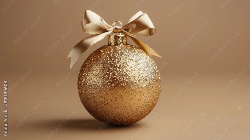 Golden Christmas Ball with Ribbon and Bow, Isolated on Background Golden Christmas Ball with Ribbon and Bow, Isolated on Background