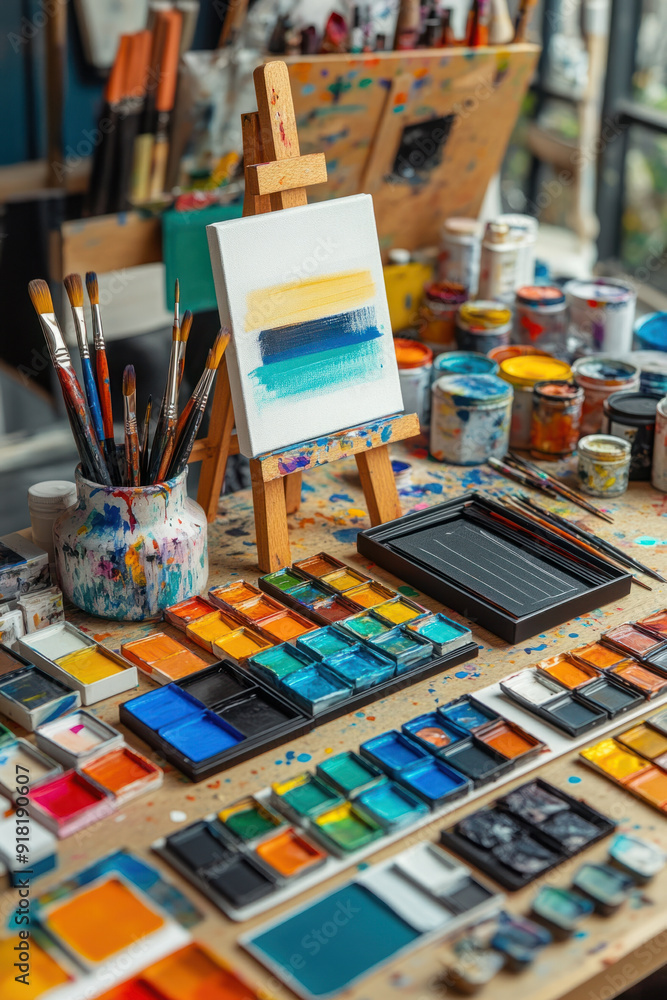 art supplies selection, A beautifully arranged layout of art materials on a crafting table. Items like acrylic paints, charcoal sticks, and sketchbooks are the focus. Nearby, a art supplies selection, A beautifully arranged layout of art materials on a crafting table. Items like acrylic paints, charcoal sticks, and sketchbooks are the focus. Nearby, a