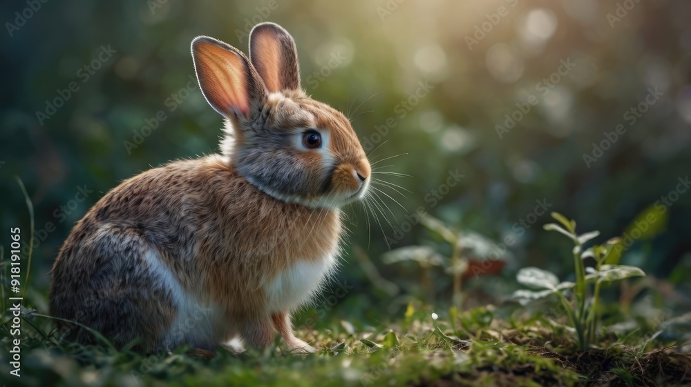 Fototapeta premium Cute brown rabbit, sitting in grass, wildlife animal, outdoor scene