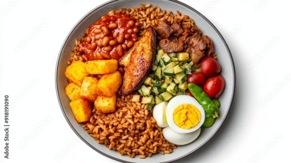 Top view of Ghanaian waakye, a rice and beans dish served with fried plantains, boiled eggs, and fish, isolated on white background Top view of Ghanaian waakye, a rice and beans dish served with fried plantains, boiled eggs, and fish, isolated on white background