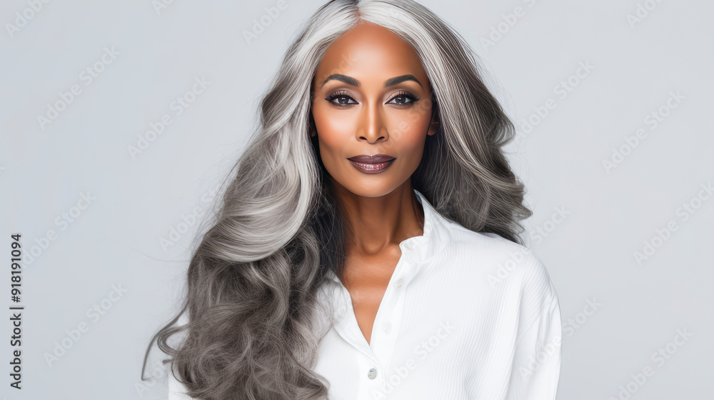 Elegant, elderly pensioner, chic African American woman with gray long hair, white background, banner. Elegant, elderly pensioner, chic African American woman with gray long hair, white background, banner.