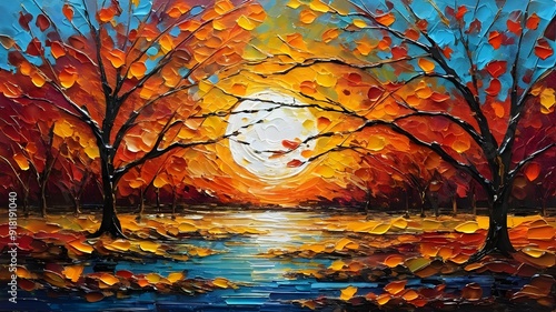 Autumn Blaze Bold Oil Strokes and Rough Textures Showcasing Vivid Autumn Colors photo