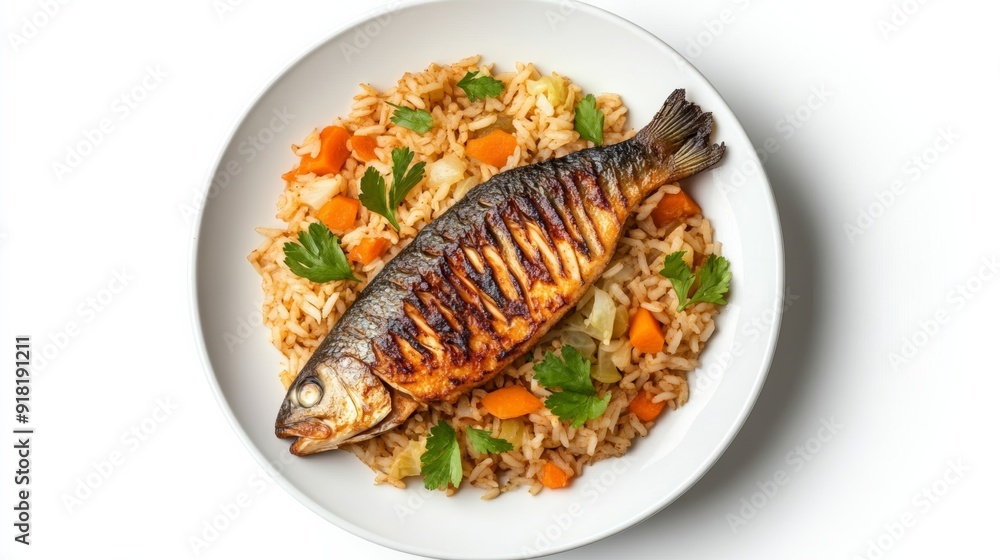Top view of Senegalese thieboudienne, a fish and rice dish with vegetables like carrots and cabbage, isolated on white background Top view of Senegalese thieboudienne, a fish and rice dish with vegetables like carrots and cabbage, isolated on white background
