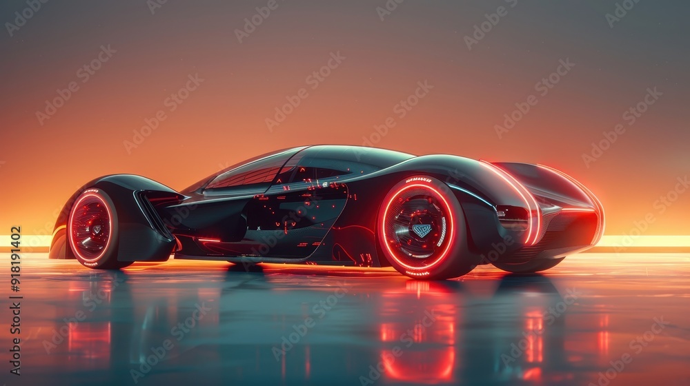 Futuristic Electric Sports Car with Neon Lights on a Reflective Surface at Sunset Futuristic Electric Sports Car with Neon Lights on a Reflective Surface at Sunset