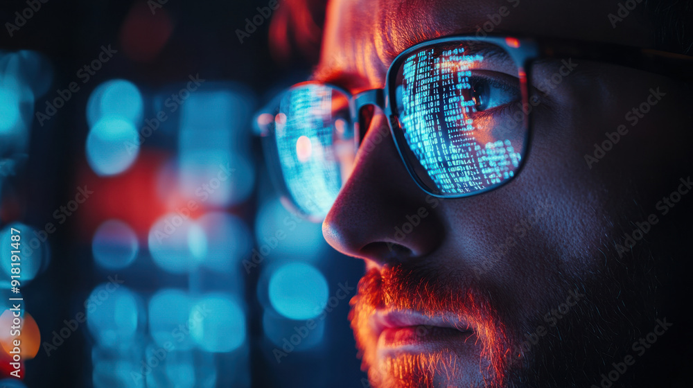 ethical hacking, A hacker, seen from the side, gazes at holographic source code hovering before him. His glasses reflect the intricate data illuminated by the screen in an ethical hacking, A hacker, seen from the side, gazes at holographic source code hovering before him. His glasses reflect the intricate data illuminated by the screen in an