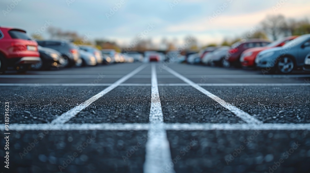 Empty Parking Lot with Freshly Painted Lines and Parked Cars in the Background on a Cloudy Day
