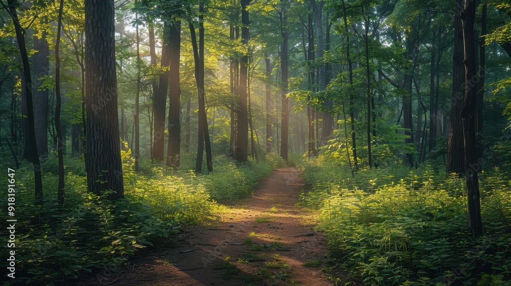 Obraz premium Sunlit Forest Path in Lush Green Woodland with Morning Light Filtering Through Trees