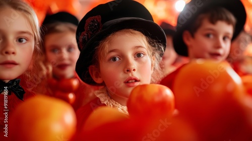 Victorian children bobbing for apples at a Halloween party, room decorated with orange and black streamers, joyful expressions, medium shot 