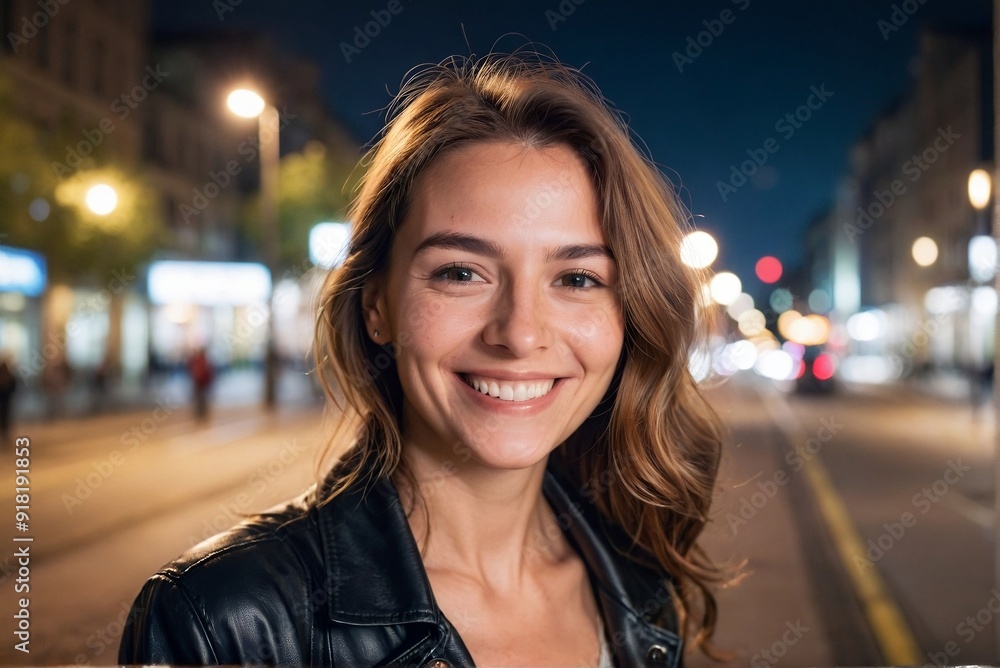 Portrait of a woman in the city at night, smiling and looking at the camera. Moment of happiness concept. Portrait of a woman in the city at night, smiling and looking at the camera. Moment of happiness concept.