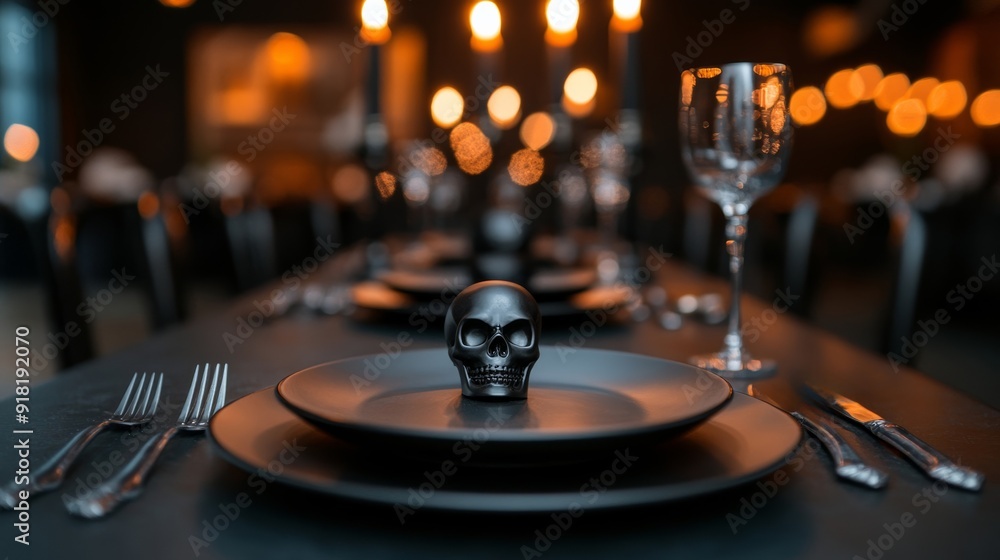 Victorian dining table set for a Halloween feast, decorated with black and orange, skulls, and candelabras, eerie, elegant atmosphere, wide angle Victorian dining table set for a Halloween feast, decorated with black and orange, skulls, and candelabras, eerie, elegant atmosphere, wide angle