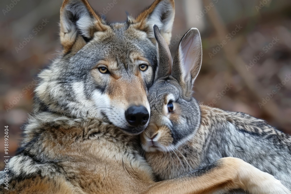Fototapeta premium A wolf taking a selfie with a rabbit