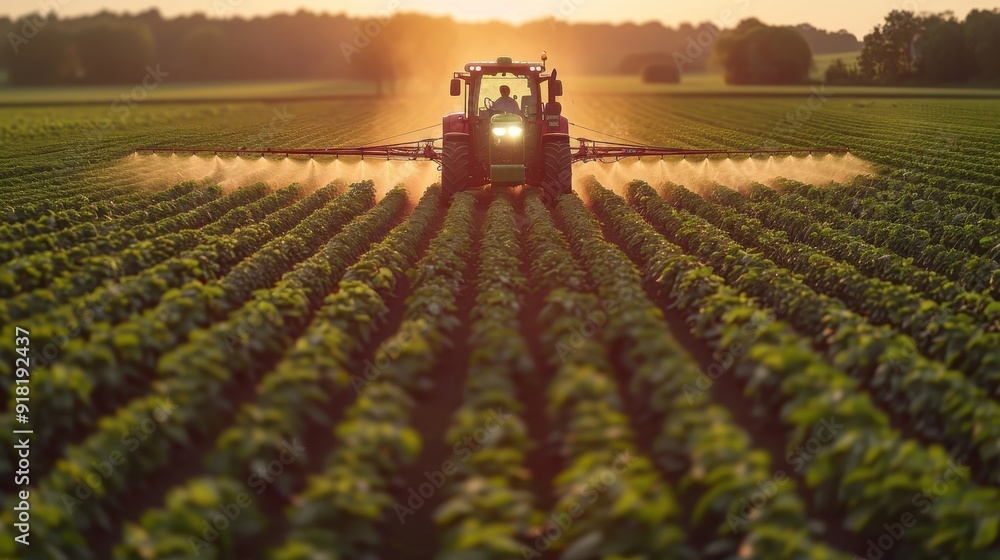 Obraz premium Tractor Spraying Crops at Sunset in a Vast Agricultural Field with Rows of Green Plants