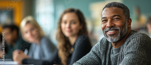 social skills workshops,  A diverse group of adults participating in a social skills workshop, seated in a bright classroom. They engage in role-playing exercises with supportive