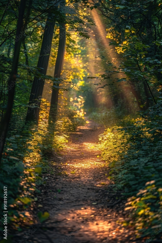 Obraz premium Sunlit Forest Path with Lush Greenery and Golden Sunbeams Creating a Serene and Tranquil Atmosphere