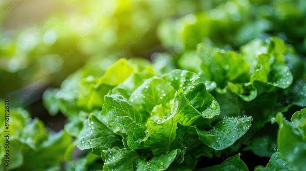 Fresh Green Lettuce Leaves with Dew Drops in Sunlight - Close-Up of Organic Garden Vegetables Fresh Green Lettuce Leaves with Dew Drops in Sunlight - Close-Up of Organic Garden Vegetables