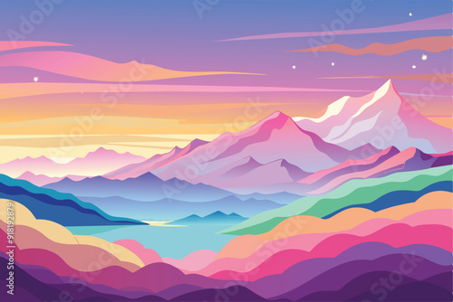 Colorful landscape of mountains, sea, palm trees and sunset. Pastel color vector illustration for summer design.